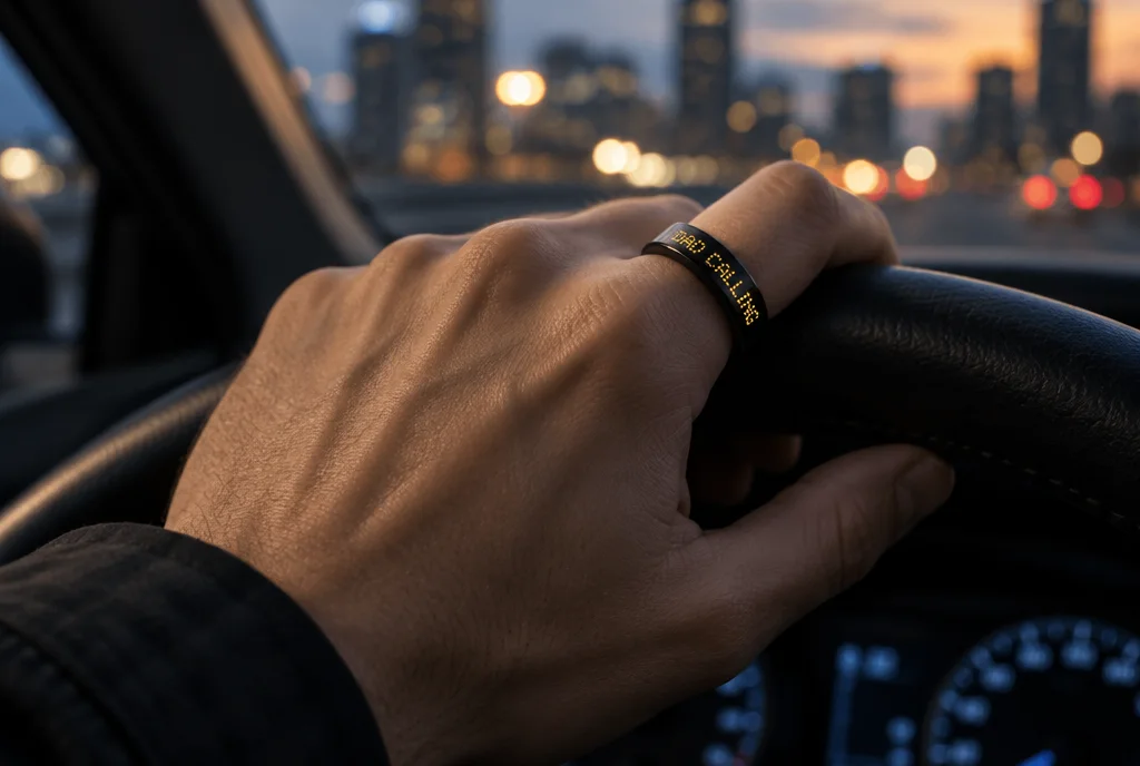 Kalio Ring showing Dad calling on a hand on a steering wheel