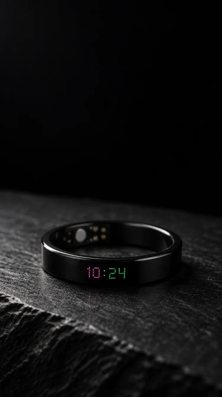 The Kalio Ring on dark stone, its screen showing the time